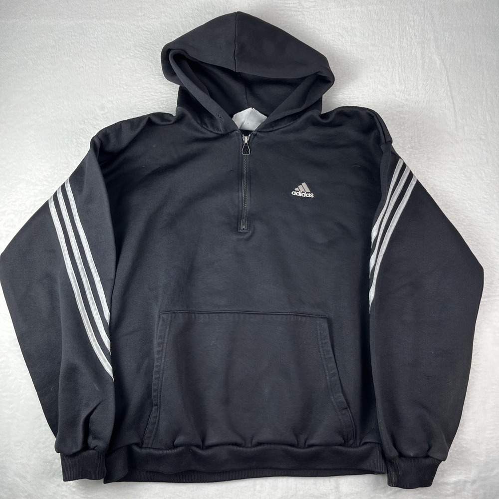 VTG Adidas Hoodie Mens Medium Black White 3 Stripe Streetwear Casual Quarter Zip
